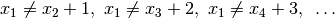 x_1 \neq x_2 + 1,\ x_1 \neq x_3 + 2,\ x_1 \neq x_4 + 3,~\ldots