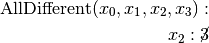 \textrm{AllDifferent}(x_0, x_1, x_2, x_3):\\
x_2: \cancel{3}