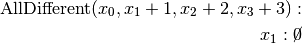 \textrm{AllDifferent}(x_0, x_1 +1, x_2+2, x_3+3):\\
x_1: \cancel{0}