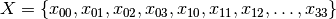 X = \{x_{00}, x_{01}, x_{02}, x_{03}, x_{10}, x_{11}, x_{12},  \ldots, x_{33}\}