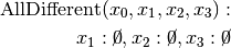 \textrm{AllDifferent}(x_0, x_1, x_2, x_3):\\
x_1: \cancel{0}, x_2: \cancel{0}, x_3: \cancel{0}