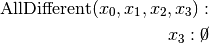 \textrm{AllDifferent}(x_0, x_1, x_2, x_3):\\
x_3: \cancel{0}