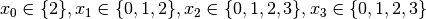 x_0 \in \{2\}, x_1 \in \{0,1,2\}, x_2 \in \{0,1,2, 3\}, x_3 \in \{0,1,2,3\}