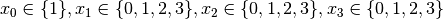 x_0 \in \{1\}, x_1 \in \{0,1,2,3\}, x_2 \in \{0,1,2,3\}, x_3 \in \{0,1,2,3\}