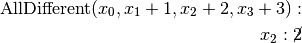 \textrm{AllDifferent}(x_0, x_1+1, x_2+2, x_3+3):\\
x_2: \cancel{2}