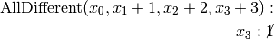 \textrm{AllDifferent}(x_0, x_1 +1, x_2+2, x_3+3):\\
x_3: \cancel{1}