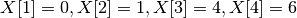 X[1] = 0, X[2] = 1, X[3] = 4, X[4] = 6